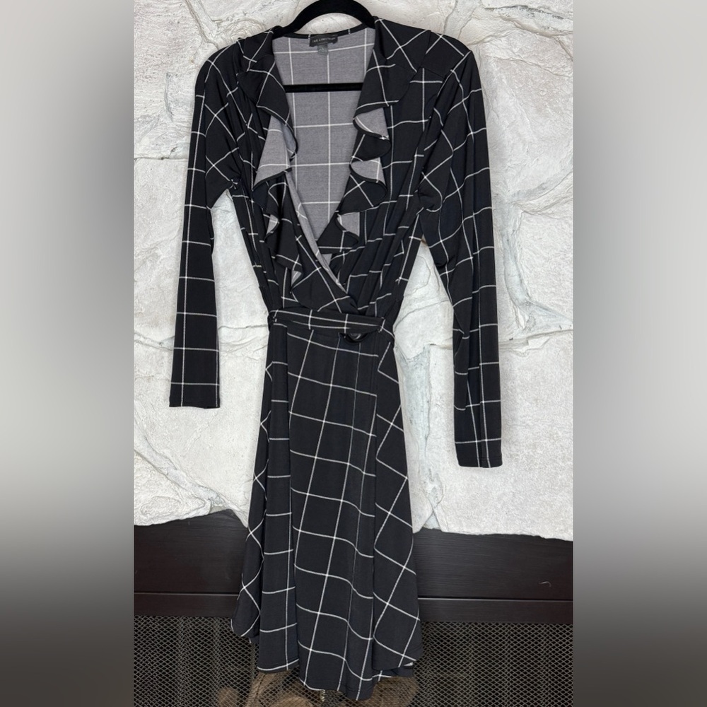 The Limited | Women’s Black White Check Faux Wrap Dress w/Ruffle Neckline,Size L